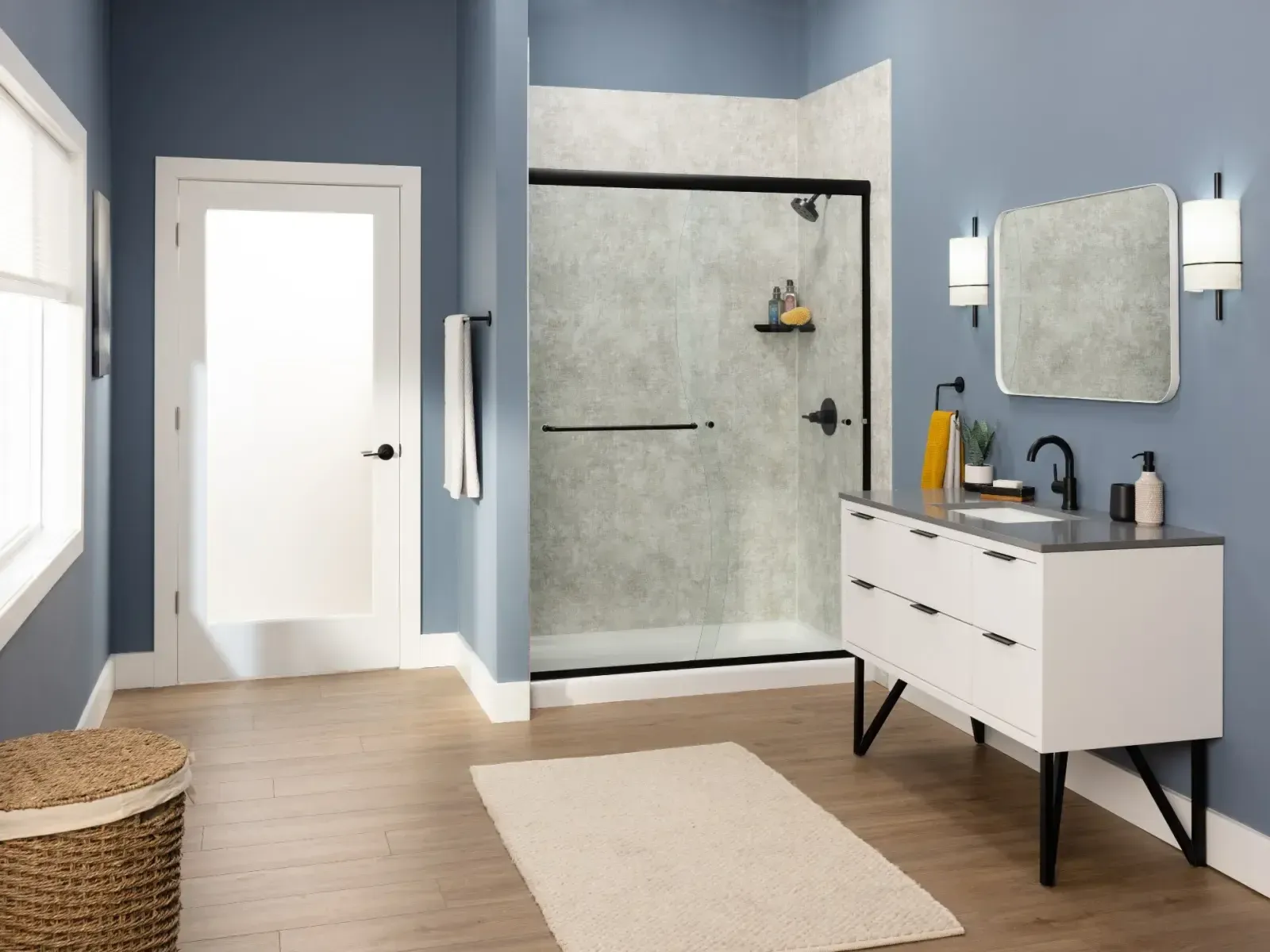 Shower with blue walls